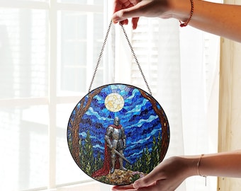Moonlit Knight in Armor Medieval Stained Glass Suncatcher Unique Window Art Gift for Husband