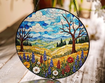 Wildflower Meadow Landscape Stained Glass Style Window Hanging Spring Summer Suncatcher Gift for Nature Lovers