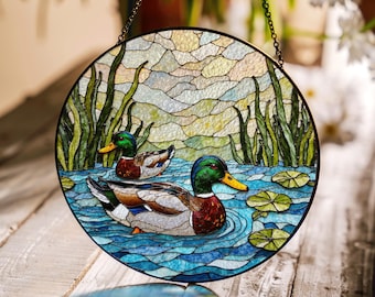 Mallard ducks on lily pond stained glass suncatcher window hanging gift for dad or nature lover