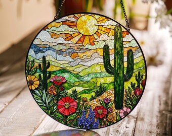desert cactus wildflower scene stained glass suncatcher window decor gift for nature lover