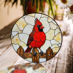 Red cardinal bird suncatcher stained glass window decor gift for mom