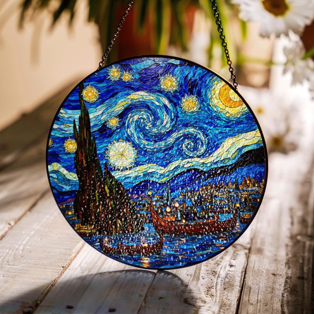 Starry Night Stained Glass Suncatcher Vincent Van Gogh Window Hanging ...