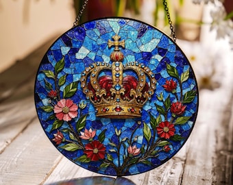Royal Crown and Floral Stained Glass Suncatcher Elegant Window Decor Birthday Gift for Queen Lover