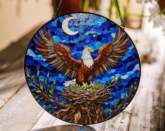 Majestic Bald Eagle Night Sky Suncatcher Handmade Stained Glass Decor Gift for Dad Grandpa or Nature Lover