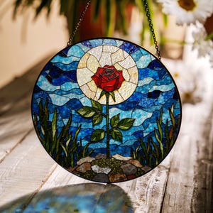 Red Rose Glass Suncatcher Stained Glass Window Hanging Romantic Gift for Valentines Mothers Day or Anniversary
