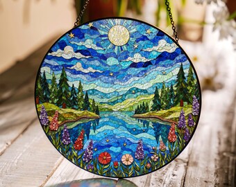 Colorful Mountain Lake Nature Suncatcher Stained Glass Style Window Hanging Gift for Nature Lovers
