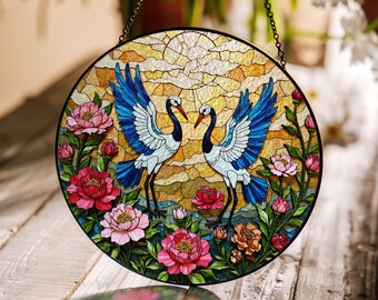 Blue Cranes and Peonies Stained Glass Window Suncatcher Handmade Home Decor Gift for Mother
