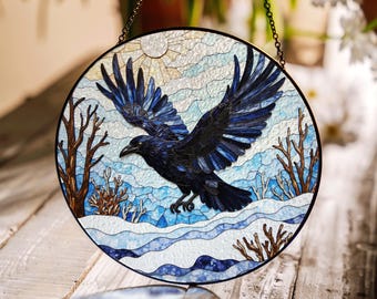 Stained Glass Raven Flying Over Snow Forest Winter Suncatcher Gift for Nature Lover