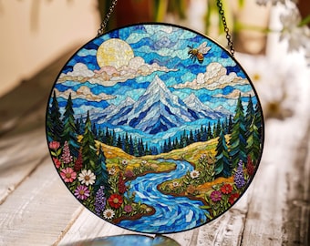 snowy mountain forest river scene stained glass style window art gift for nature fan