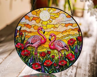 Pink Flamingos Garden Flowers Suncatcher Window Hanging Decor Gift for Bird Lovers