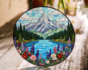 Mountain Lake View Suncatcher Stained Glass Style Window Decor Gift for Nature Lovers