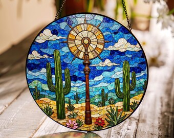 desert cactus suncatcher with radiant sunburst sky handmade stained glass window decor gift for nature lover