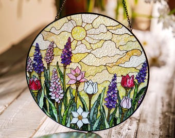 Acchiappasole in vetro colorato con fiori di campo, decorazione primaverile da giardino, regalo per la festa della mamma o per gli amanti della natura