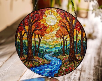 Autumn Forest River Sunlight Suncatcher Window Hanging Colorful Glass Decor Gift for Nature Lover