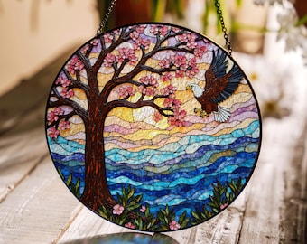 Cherry Blossom Tree and Soaring Eagle Stained Glass Suncatcher Window Decor Gift for Nature Lover