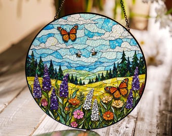 Butterfly Meadow Landscape Suncatcher Stained Glass Style Window Decor Gift for Nature Lovers