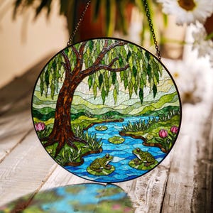 Suncatcher stained glass willow tree and lily pond scene gift for mom Mothers Day gift