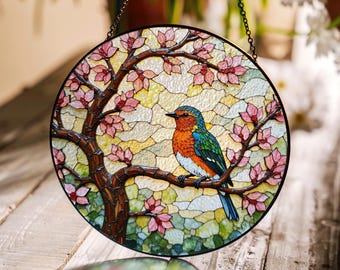 Bluebird on cherry blossom branch round stained glass window suncatcher spring decor gift for mom