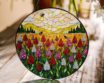 Acchiappasole colorato con campo di fiori selvatici, stile vetrata, regalo artistico per gli amanti della natura e per la festa della mamma.