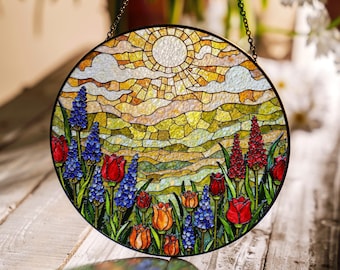Colorful Wildflower Meadow Stained Glass Sun Catcher Window Decor Birthday Gift for Nature Lover