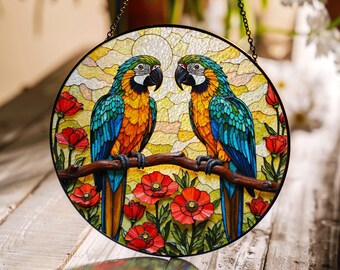 Colorful Parrots Suncatcher Vibrant Window Decor Gift for Bird Lover