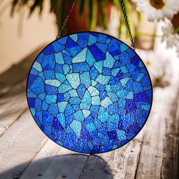 Blue Stained Glass Suncatcher Mosaic Gift for Home Decor Art Lovers