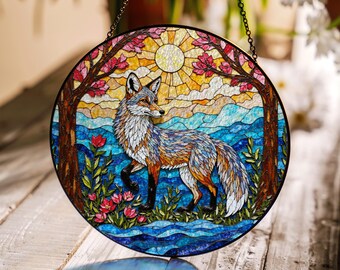 Fox in Forest River Scene Suncatcher Stained Glass Window Hanging Gift for Nature Lover
