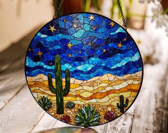 Desert Cactus Night Sky Suncatcher Colorful Glass Window Decor Gift for Nature Lovers