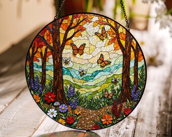 Autumn Forest Butterflies Stained Glass Suncatcher Window Decor Nature Lovers Gift
