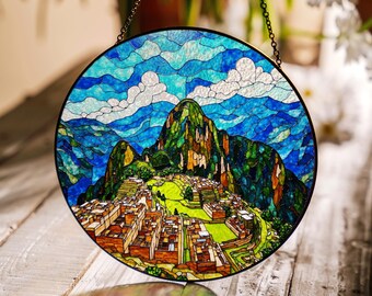 Machu Picchu mountain view stained glass suncatcher Peru inspired decor gift for traveler
