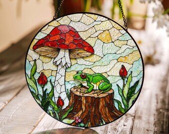 frog on stump and mushroom fantasy stained glass suncatcher woodland decor gift for nature lovers
