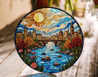 Vibrant City River View Suncatcher Stained Glass Window Hanging Gift for Housewarming or Birthday