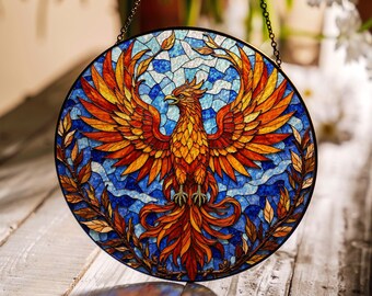 Vibrant Phoenix Art Stained Glass Style Suncatcher Window Hanging Sun Catcher Gift for Mythology Lovers