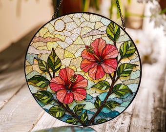 Red hibiscus flowers round stained glass suncatcher window hanging floral decor for Mothers Day or birthday gift