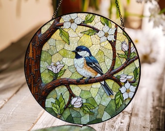Bluebird on Blossoming Branch Round Window Suncatcher Stained Glass Art Gift for Mom