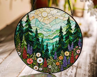 Forest mountain meadow scene glass suncatcher nature window decor gift for mom friend