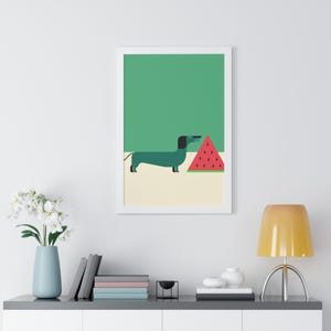 Stampa artistica di bassotto verde e anguria / Illustrazione moderna e minimalista di un cane da scaricare digitalmente per l'arredamento della casa / Arte murale unica