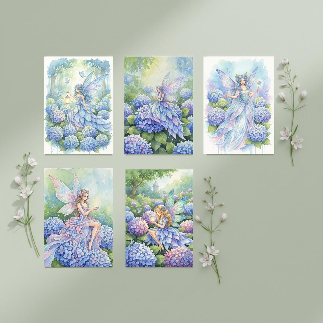 Hydrangea Fairy Card Set • Floral Fantasy Greeting Cards • Garden Fairy ...