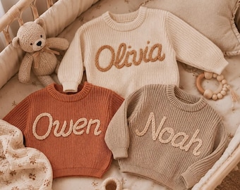 Custom Name Baby Sweater, Personalized Newborn Outfit, Knit Baby Gift, Baby Shower Gift for Girl or Boy, Embroidered Baby Sweater