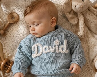 Custom Baby Name Sweater, Hand-Embroidered, Cloud-Soft Knit, Heirloom Keepsake
