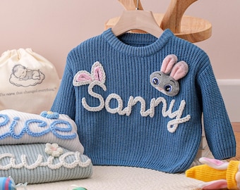 Personalized Baby Sweater: Custom Baby Name Sweater - Hand Embroidered Toddler Sweater - First Easter Gift For Baby - Newborn Gift