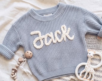 Personalized Baby Name Sweater: Custom Hand Embroidered Jumper,Hand Knit Sweater,Toddler Sweater,Newborn Coming Home Outfit,Baby Shower Gift