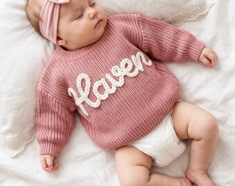 Custom Baby Name Sweater, Hand-Embroidered Knit Gift, Cozy Heirloom Clothing, Back to school gift