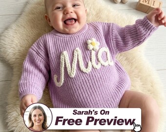 See Preview First: Custom Baby name Sweater with 4-Piece Gift Set - Custom Knit Toddler Jumper - Baby Shower , Newborn, 1st Birthday Gift