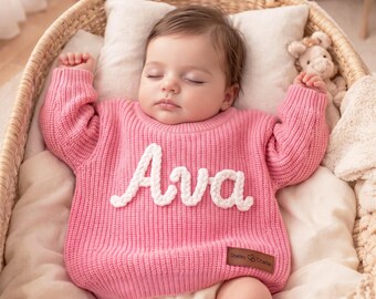 Personalized Baby Name Sweater with Custom Leather Tag, Hand Knitted Chunky Toddler Sweater, Custom Family Last Name Newborn Gift