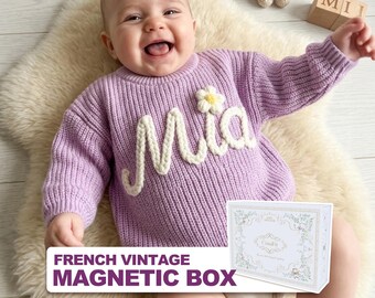 Personalized Baby name Sweater - See Preview First, Includes 4-Piece Gift Set - Baby Girl, Baby Boy, Newborn Baby Gift - Coming Home Outfit