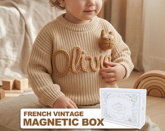 4-Piece Gift Set: Personalized Baby name Sweater - Hand Embroidered Name Sweater - Personalized Knit Jumper - Baby Gift - See Preview First