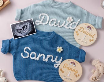 Custom Name Hand Embroidered Baby Sweater - Personalized Chunky Knit Toddler Jumper - Baby Shower Gift - Newborn Coming Home Outfit