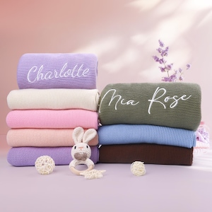 Personalized Baby Blanket: Embroidered Organic Cotton Knit, Custom Name