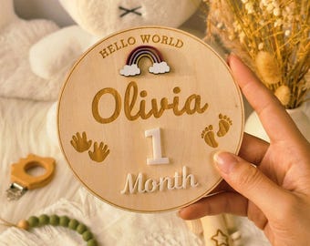Baby Monthly Milestone, Wooden Baby Milestone Sign,  Hello World Hospital Sign, Newborn Photo Prop, Baby Shower Gift, Baby Growth Marker